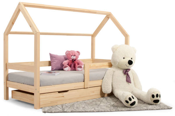 Duże łóżko dla dziecka z szufladą DOMEK 90x200 - sosna