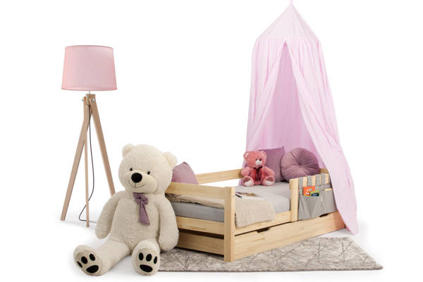 Łóżko dla dziewczynki z szufladą materacem i baldachimem 80x190 - sosna/róż